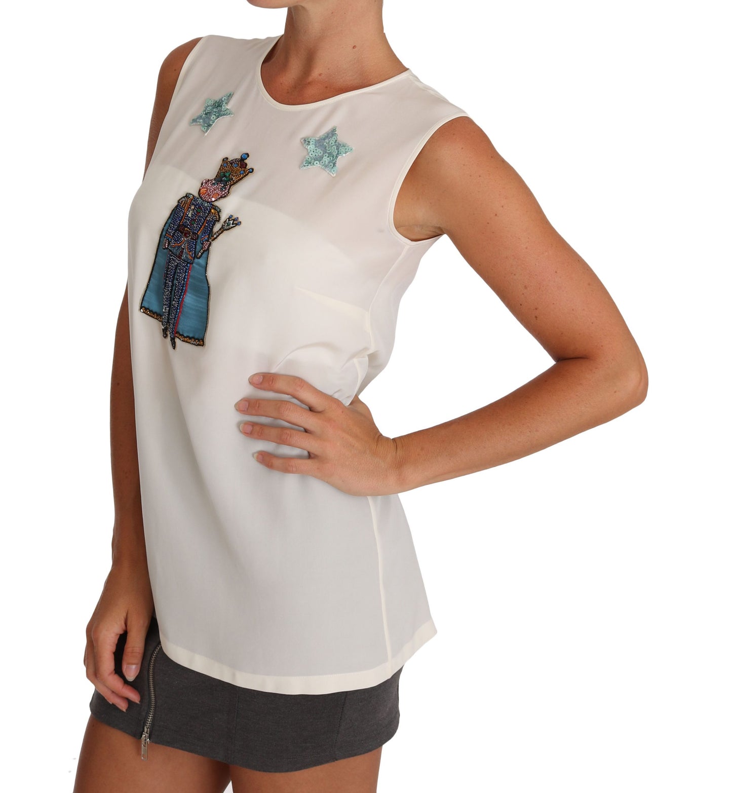 Dolce & Gabbana Weißes Seiden-Kristall-Pailletten-Fee-T-Shirt