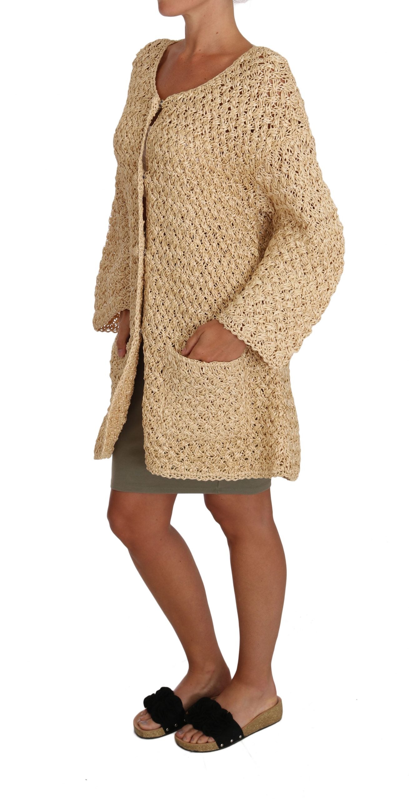 Dolce & Gabbana Beige Strickjacke gehäkelt gestrickt Raffia Pullover