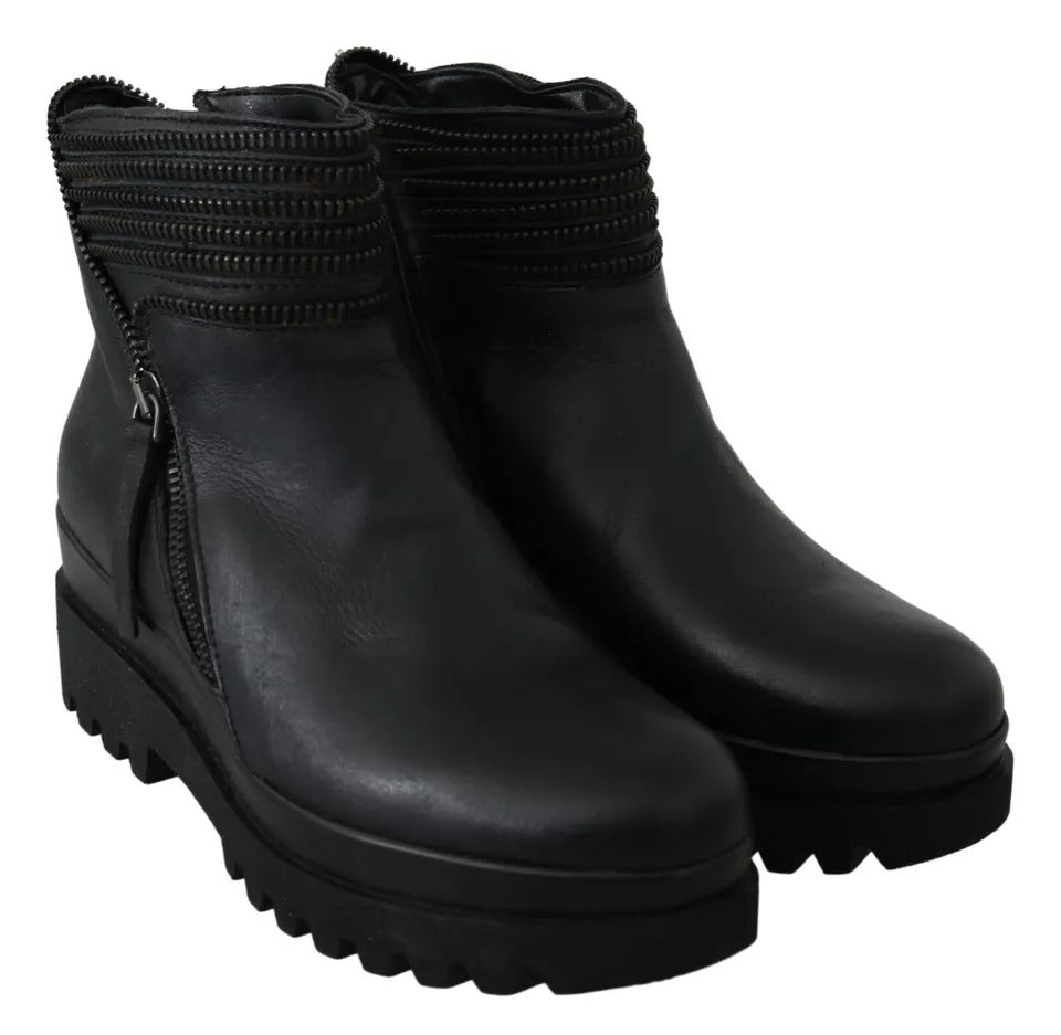 Ovyé Schwarz Leder Reißverschluss Stiefeletten Schuhe