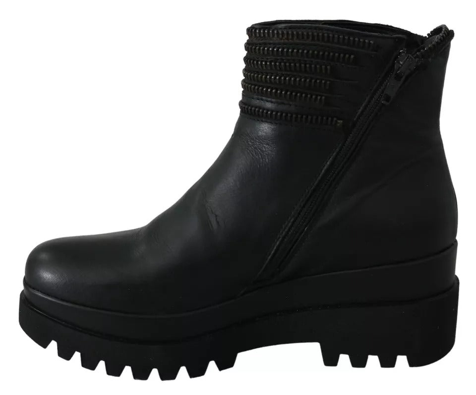 Ovyé Schwarz Leder Reißverschluss Stiefeletten Schuhe