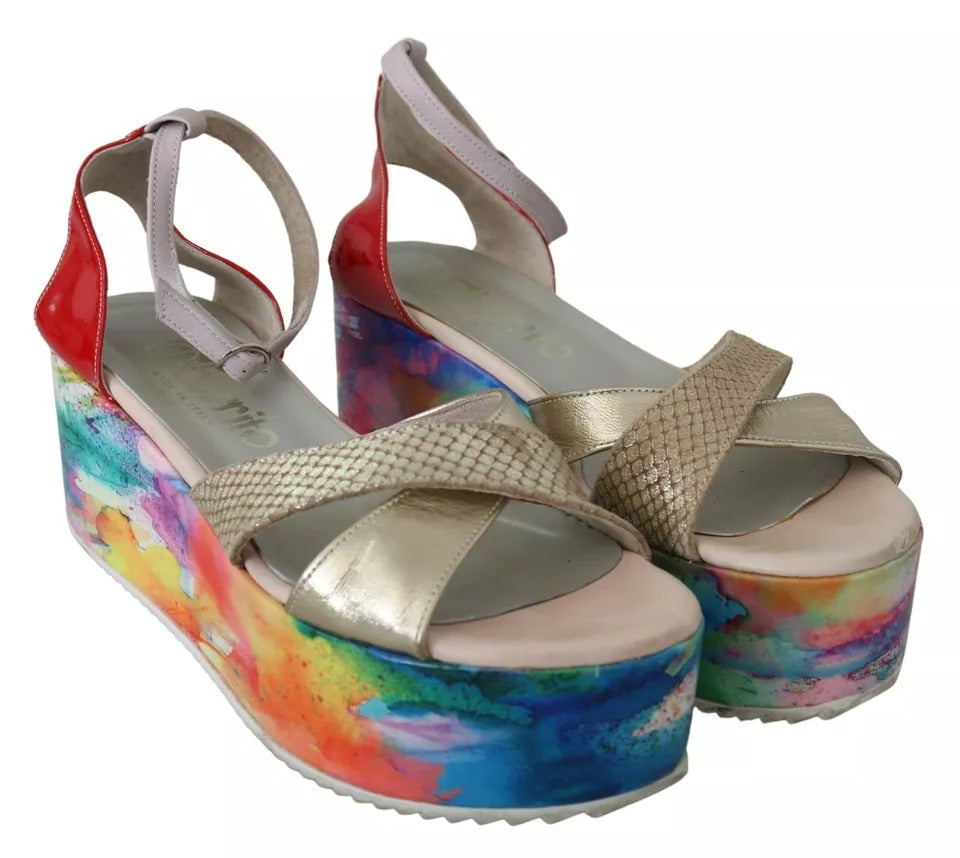 EBARRITO Multicolor Leder Knöchelriemen Keilabsatz Sandalen Schuhe