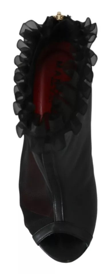 Mangano Schwarz Leder Mesh Stiletto High Heels Peep Toe Stiefel Schuhe