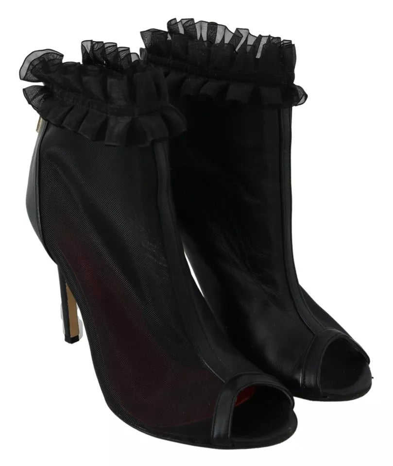 Mangano Schwarz Leder Mesh Stiletto High Heels Peep Toe Stiefel Schuhe