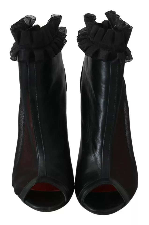 Mangano Schwarz Leder Mesh Stiletto High Heels Peep Toe Stiefel Schuhe