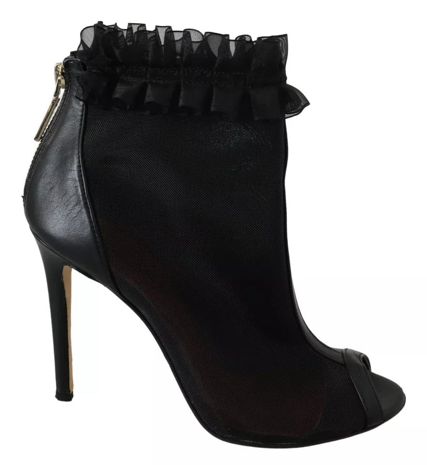 Mangano Schwarz Leder Mesh Stiletto High Heels Peep Toe Stiefel Schuhe