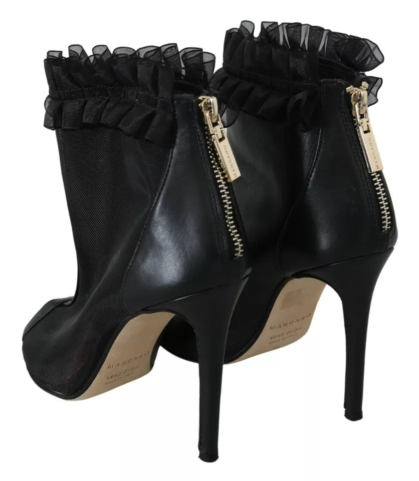 Mangano Schwarz Leder Mesh Stiletto High Heels Peep Toe Stiefel Schuhe
