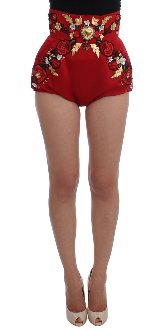 Dolce & Gabbana Rote Seidenkristallrosen Shorts