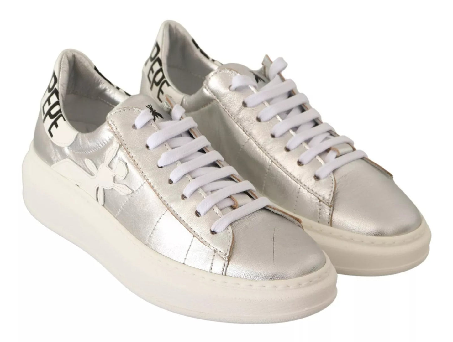 Patrizia Pepe Silberne Vollnarbenleder Schnürsneakers Schuhe
