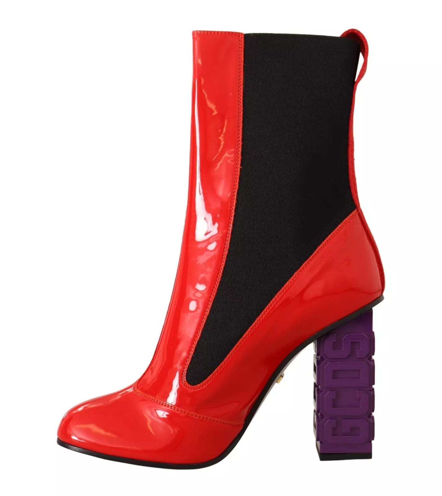GCDS Rotes Leder Schwarzer Stoff Logo Absatz Stiefelette Schuhe
