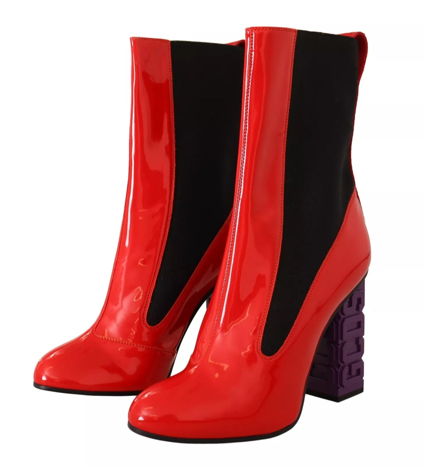 GCDS Rotes Leder Schwarzer Stoff Logo Absatz Stiefelette Schuhe