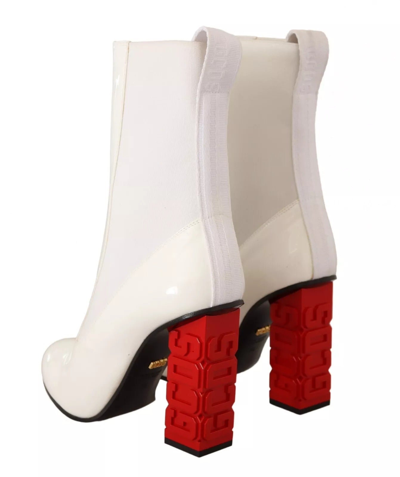 GCDS Weißes Leder Stoff Rot Logo Absatz Stiefeletten Schuhe