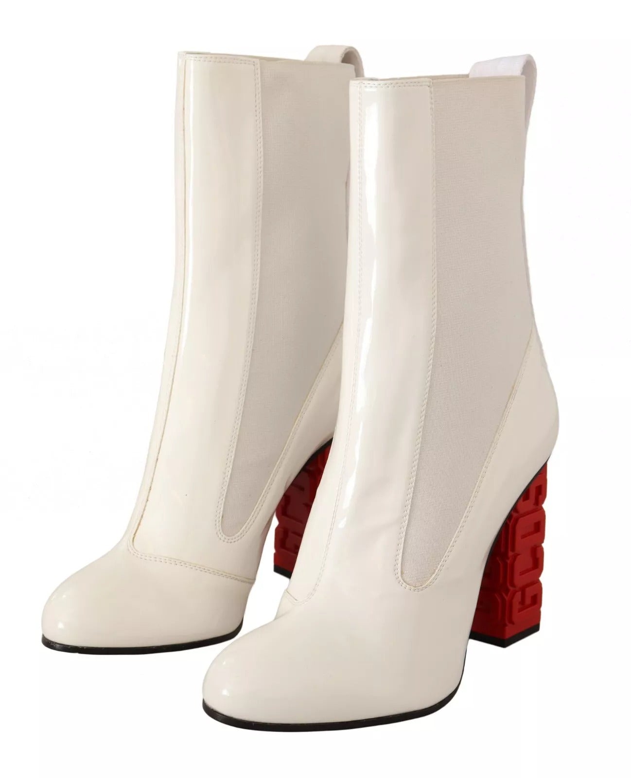 GCDS Weißes Leder Stoff Rot Logo Absatz Stiefeletten Schuhe