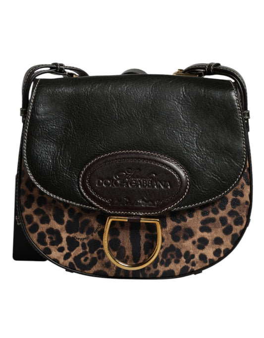 Dolce & Gabbana Schwarzbraune Leopardenleder-Schulterriemen-Tasche