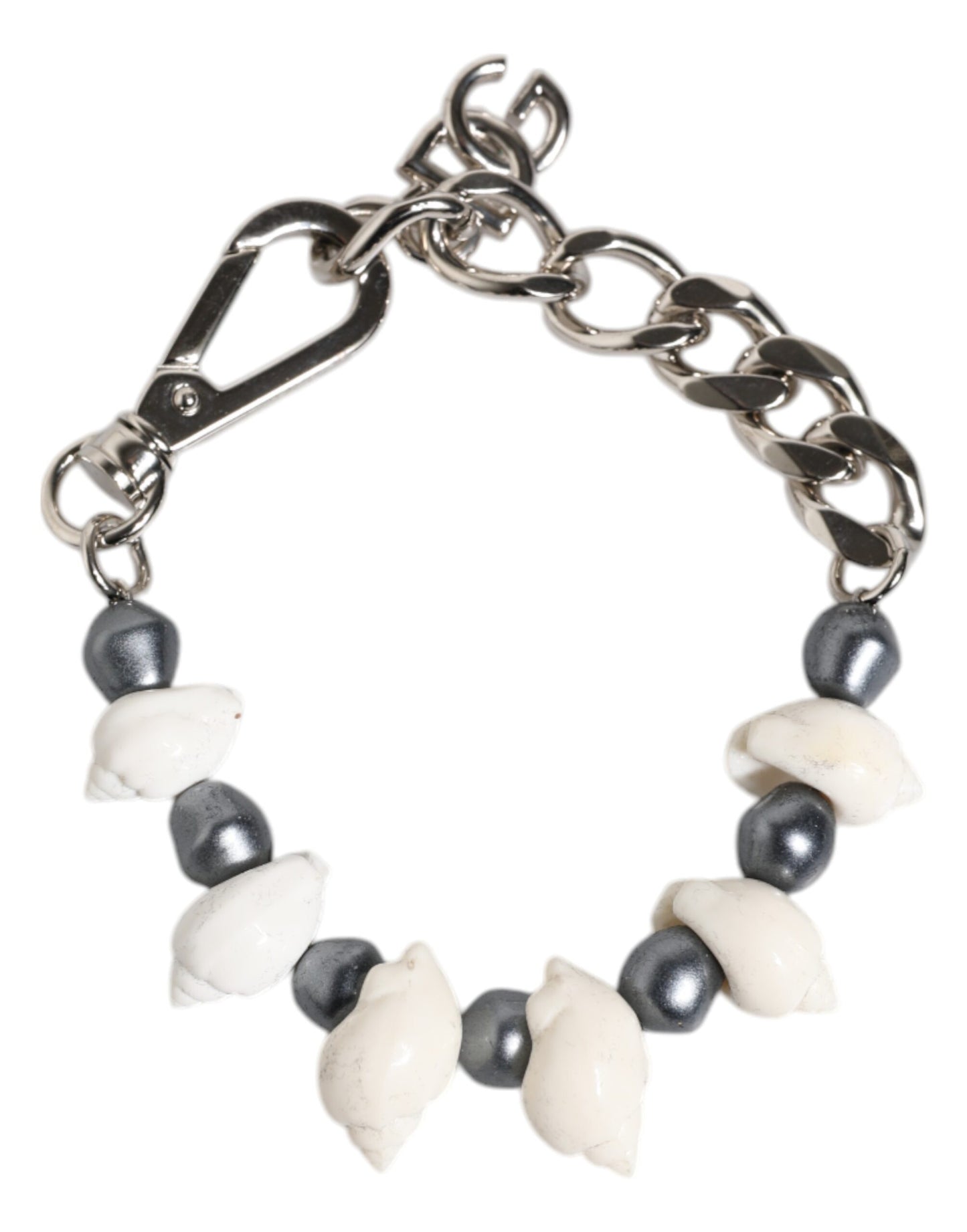 Dolce & Gabbana Silberfarbener Messing Perlen Muschel DG Logo Anhänger Armband