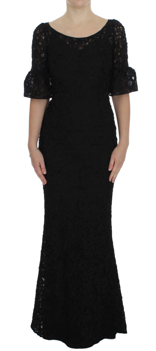 Dolce & Gabbana Schwarzes geblümtes langes Bodycon-Maxi-Kleid aus Spitze