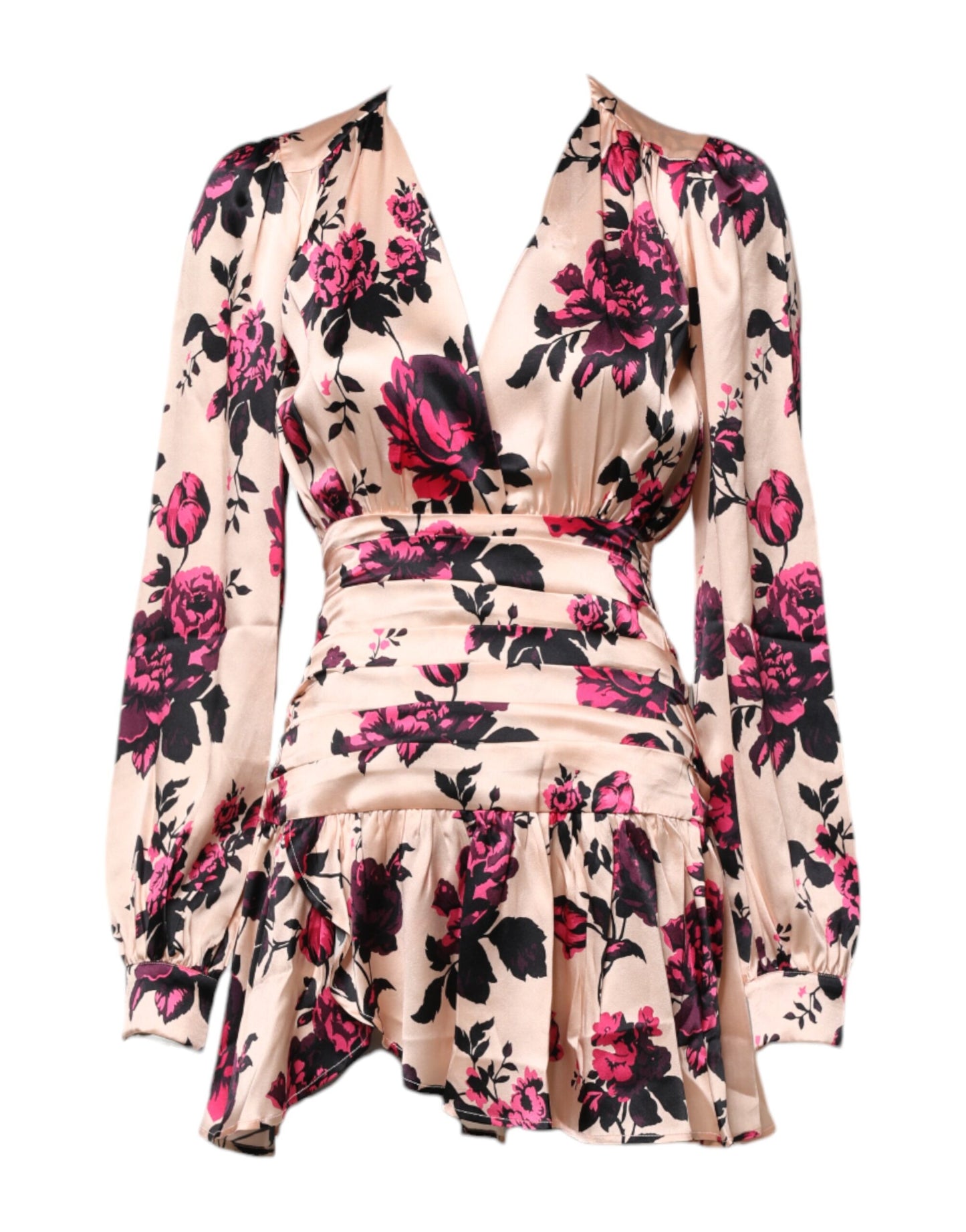 Laneus Rosa geblümtes Seiden-Minikleid mit langen Ärmeln und V-Ausschnitt zum Wickeln