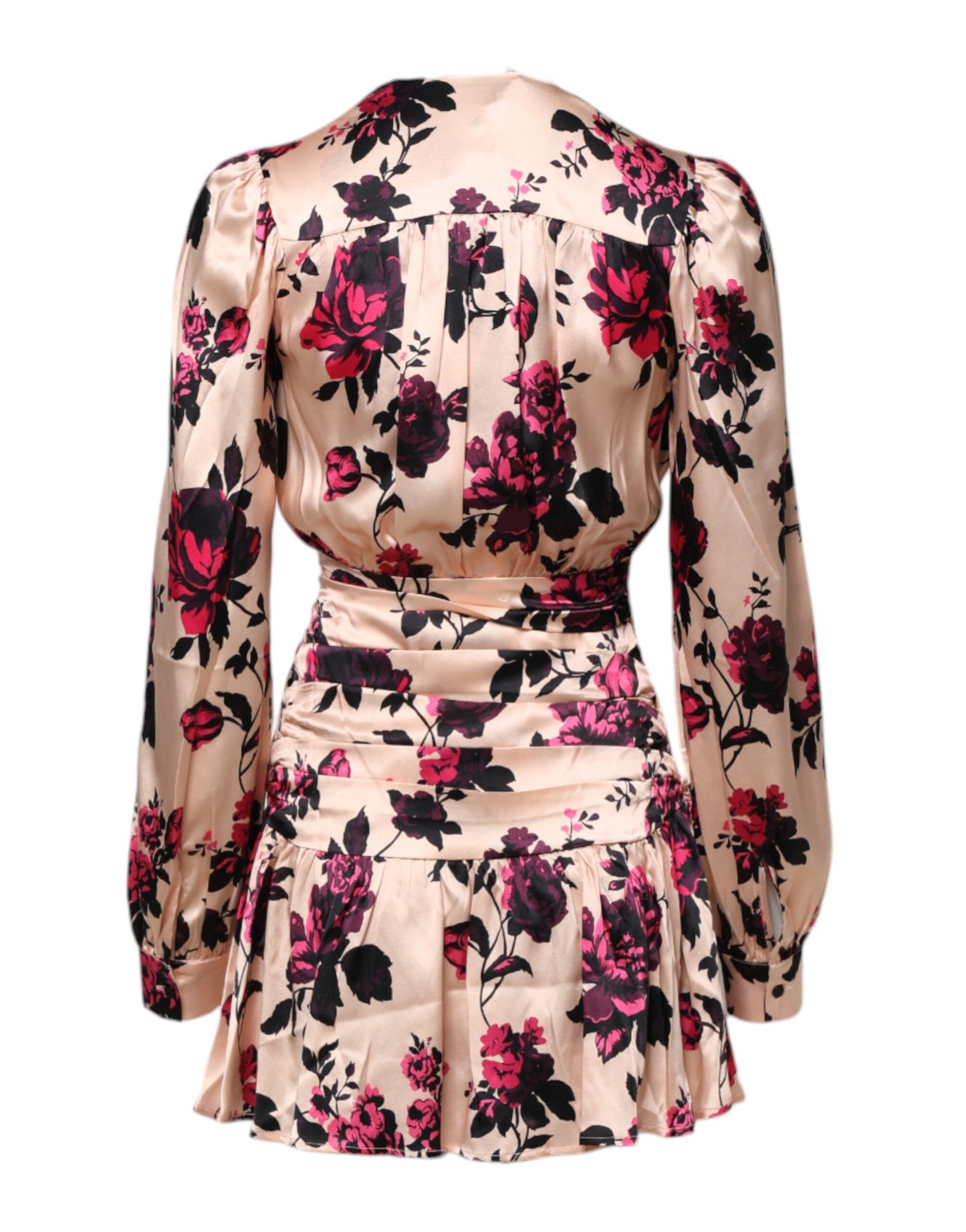 Laneus Rosa geblümtes Seiden-Minikleid mit langen Ärmeln und V-Ausschnitt zum Wickeln