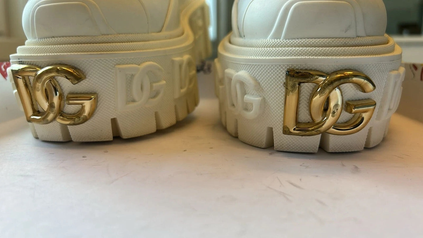 Dolce & Gabbana Weiße Leder Gummistiefel Logo Schuhe