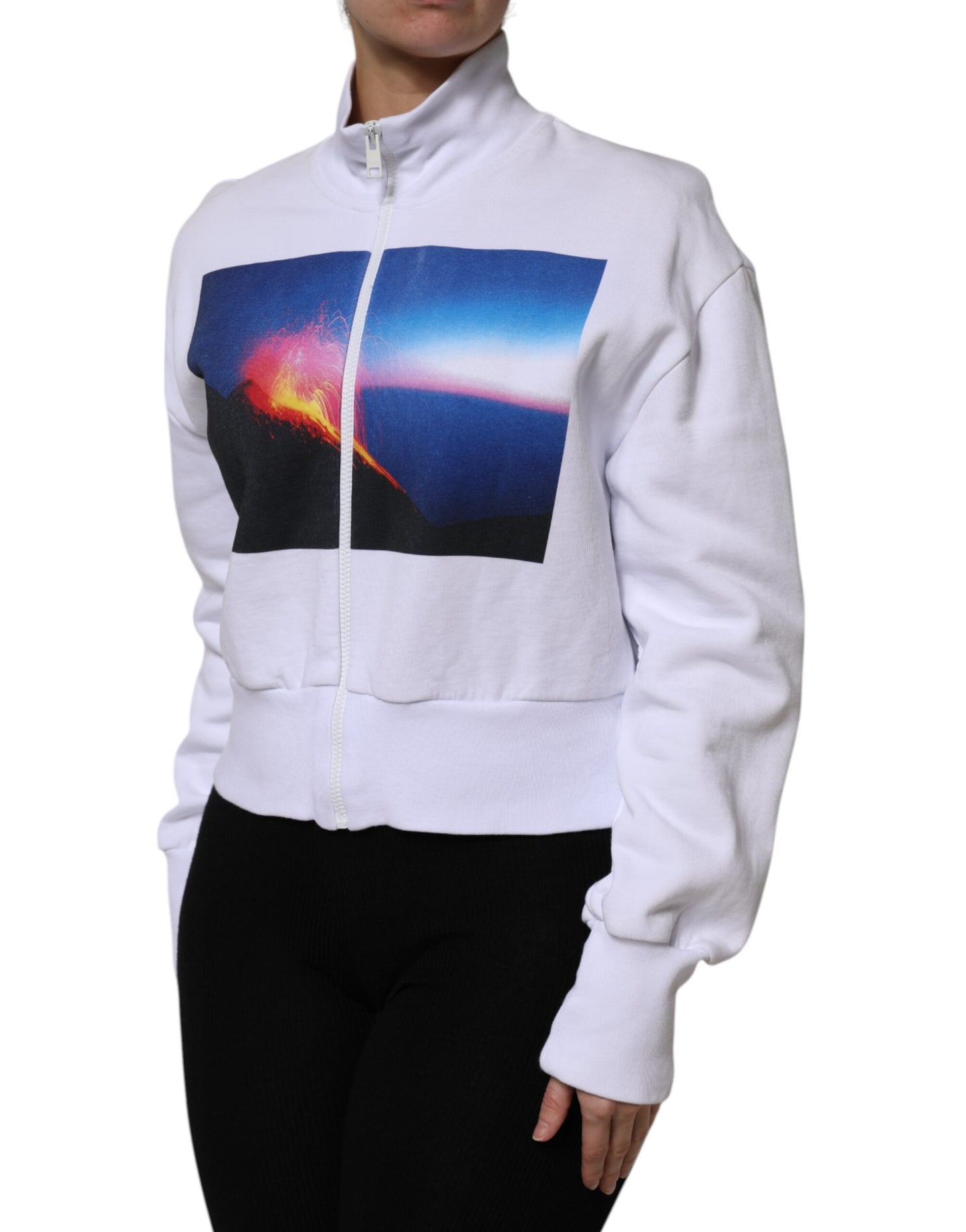 MSGM Weiße Grafikdruck-Baumwoll-Langarm-Bomberjacke mit Reißverschluss