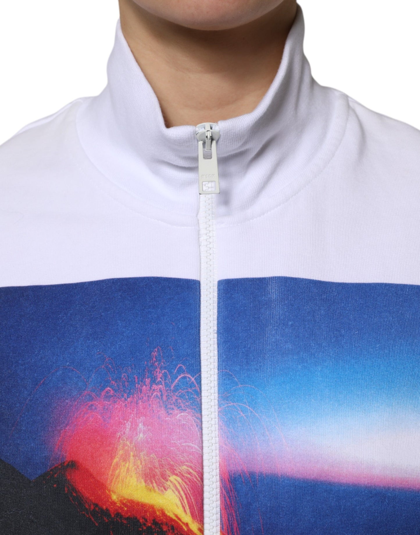 MSGM Weiße Grafikdruck-Baumwoll-Langarm-Bomberjacke mit Reißverschluss