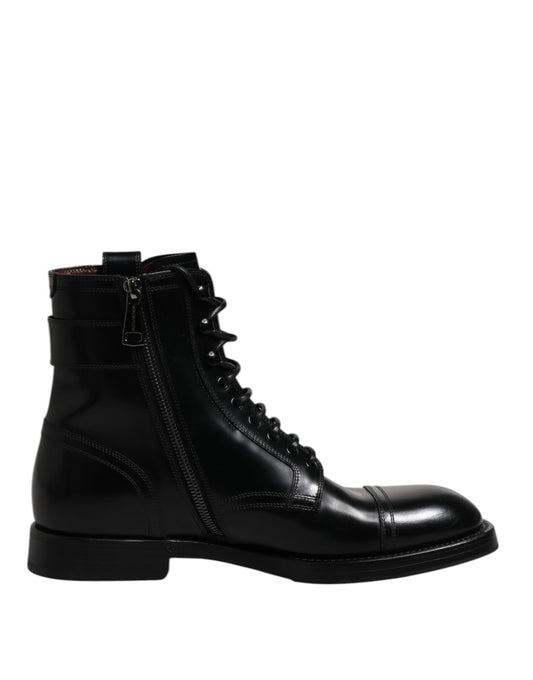 Dolce & Gabbana Schwarze Leder Mid Calf Stiefel Schnürschuhe