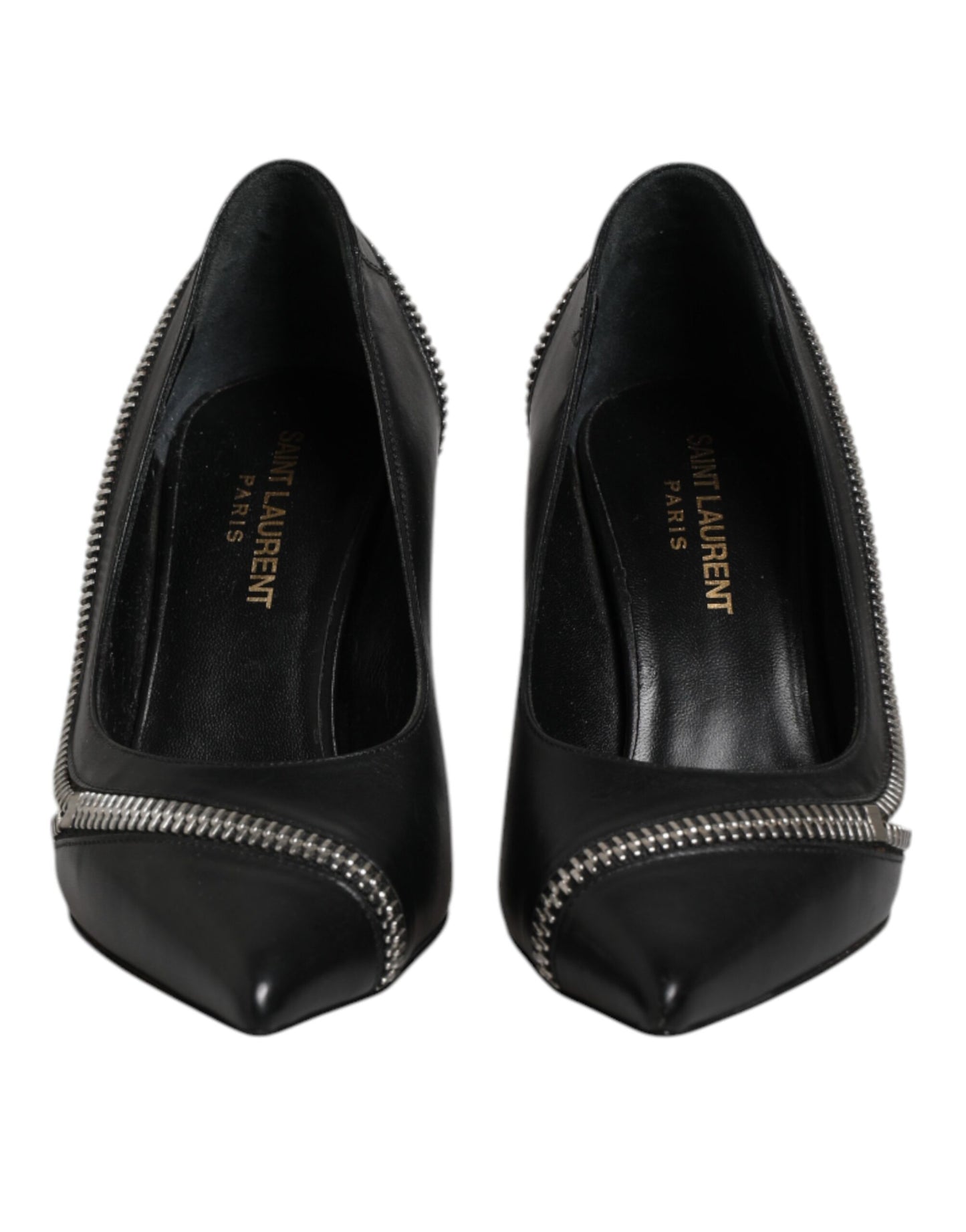 Saint Laurent Weißes Schwarzes Leder Spitz zulaufende Absätze Schuhe