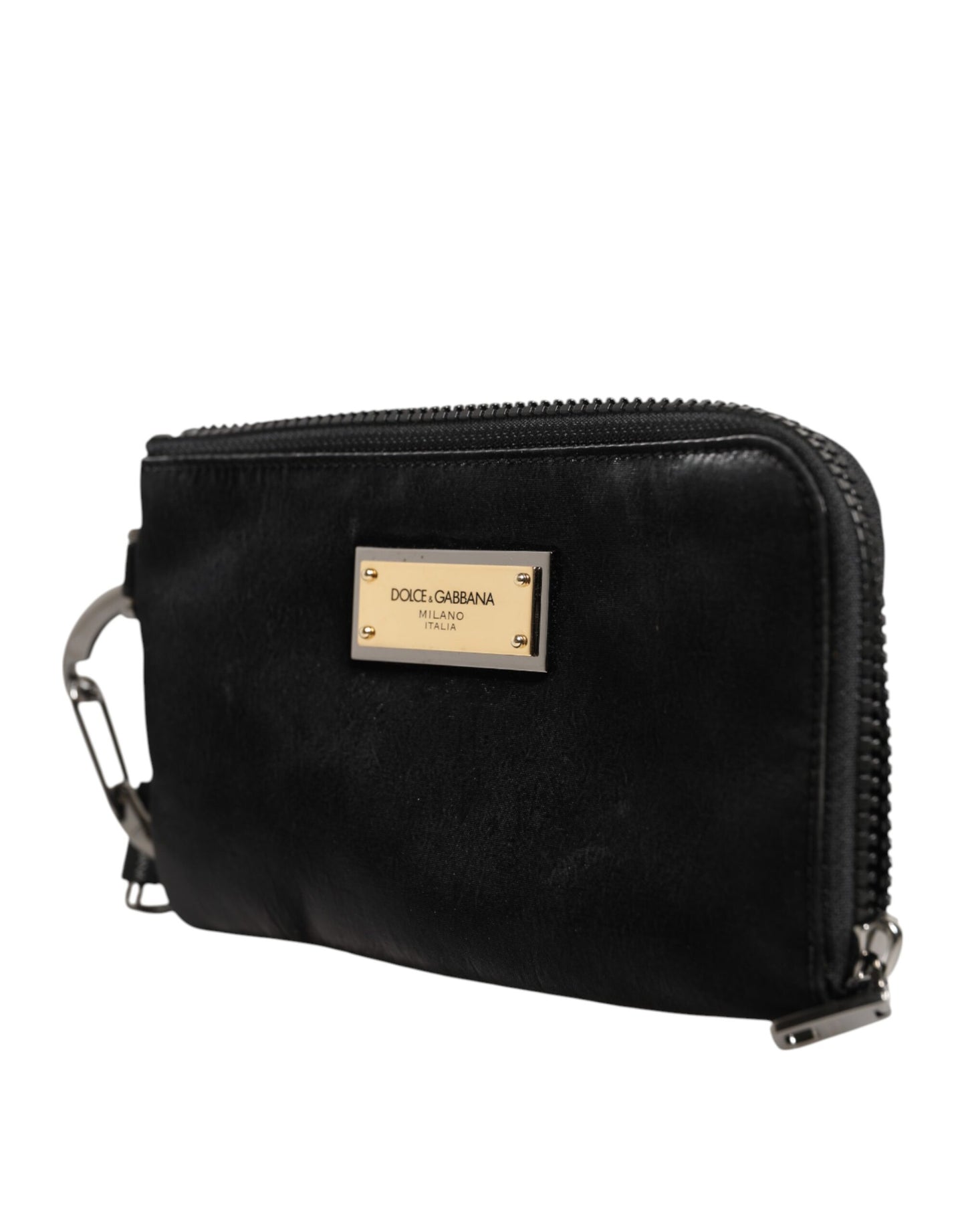 Dolce & Gabbana Schwarzes Nylon Logo Plaque Schlüsselanhänger Tasche Clutch