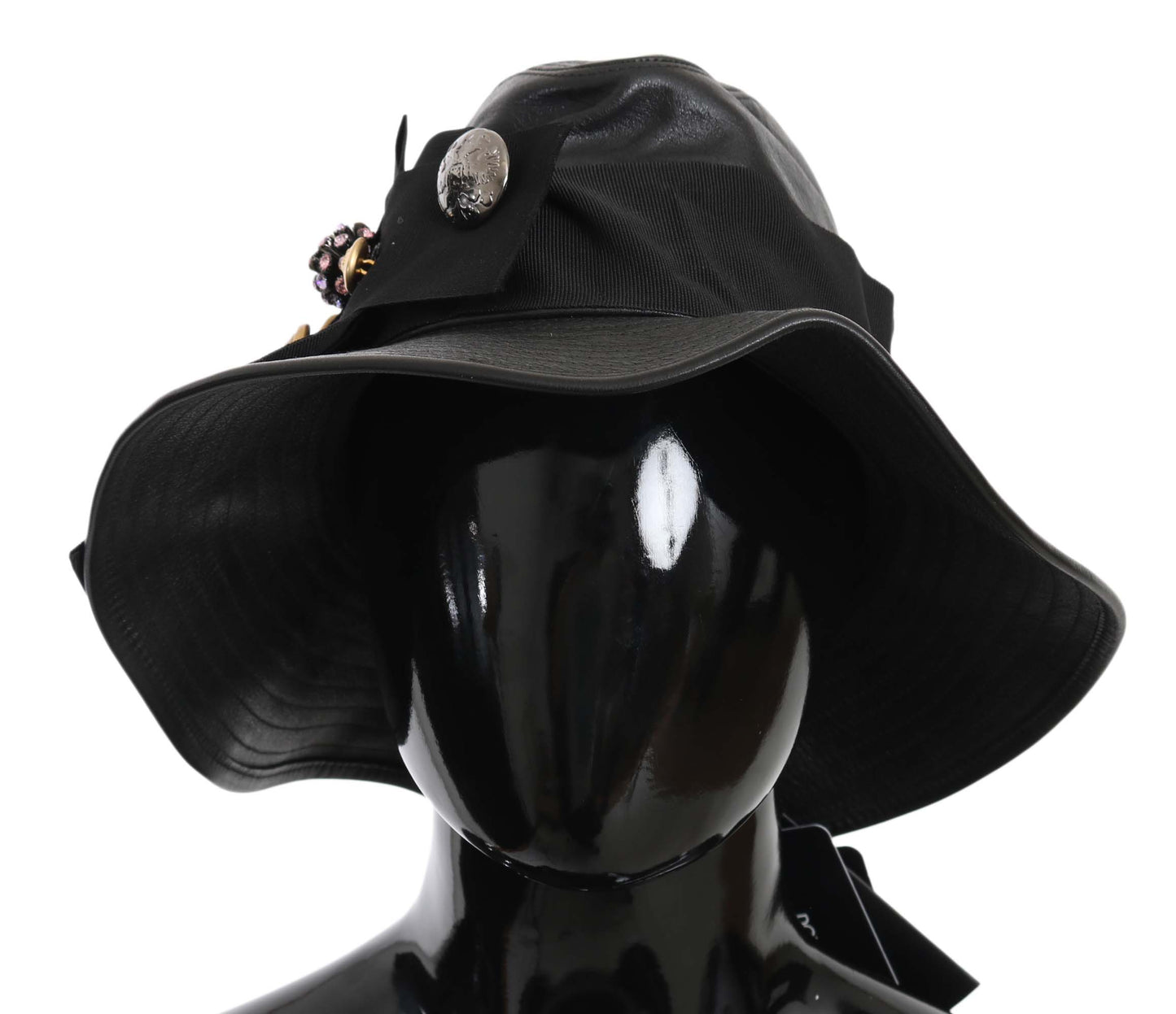 Dolce & Gabbana Schwarzes Leder DG Münze Kristall breite Krempe Hut