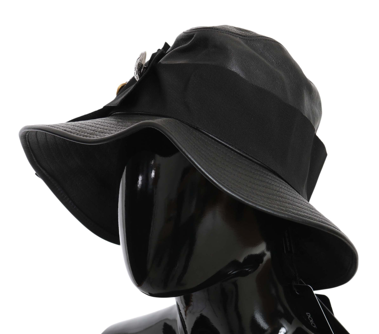 Dolce & Gabbana Schwarzes Leder DG Münze Kristall breite Krempe Hut