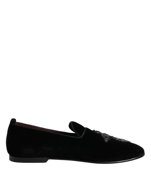 Dolce & Gabbana Schwarzer Samt verschönert Loafer Slip On Schuhe