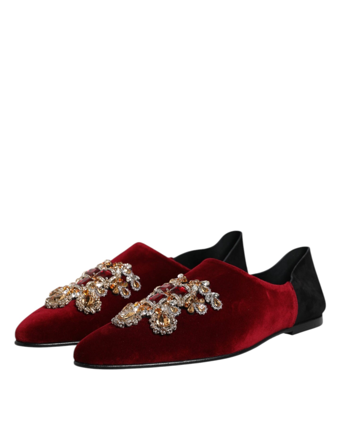 Dolce & Gabbana Schwarzer roter Samt verschönert Slip On Schuhe