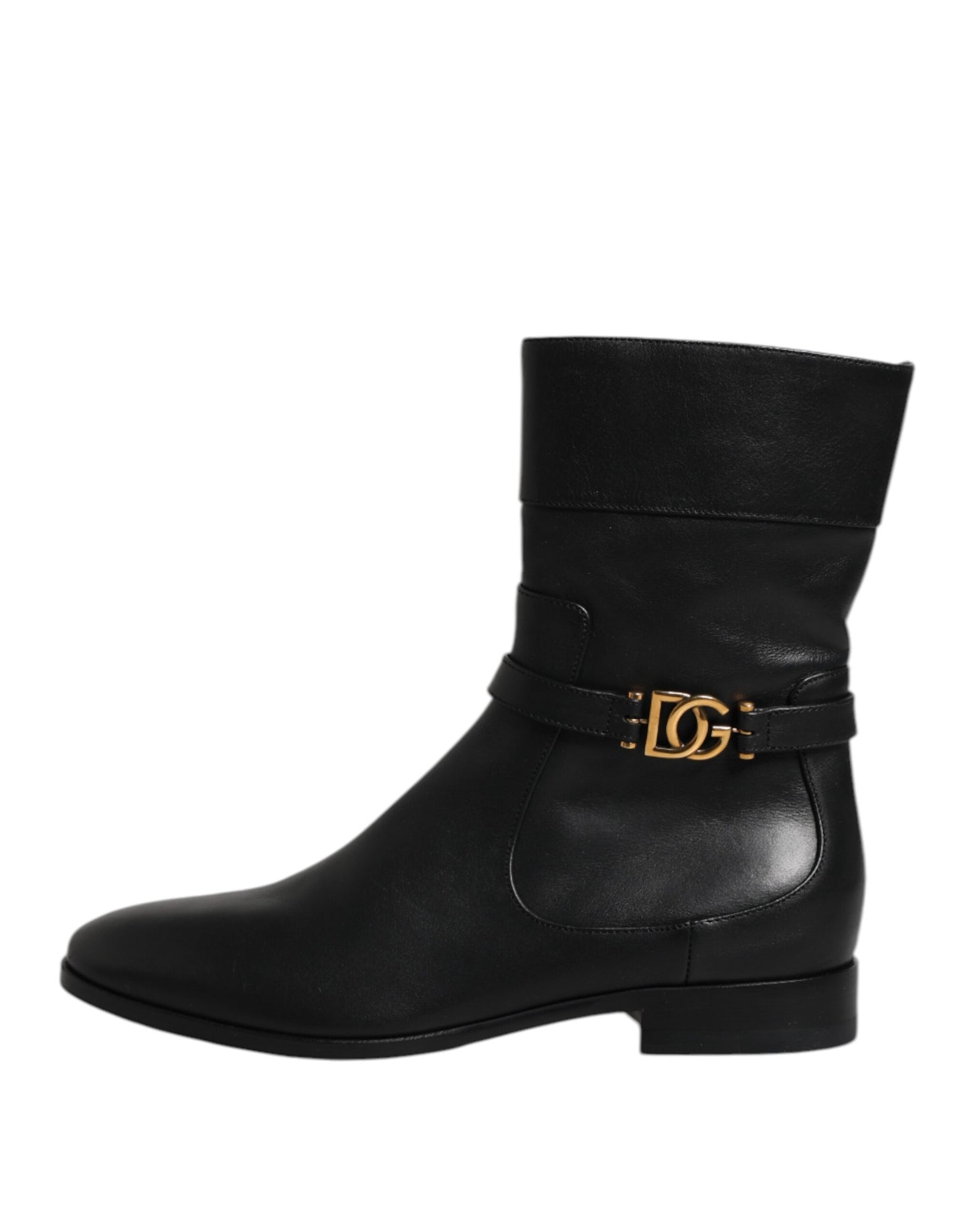 Dolce & Gabbana Schwarzes Leder Flats Logo Kurze Stiefel Schuhe