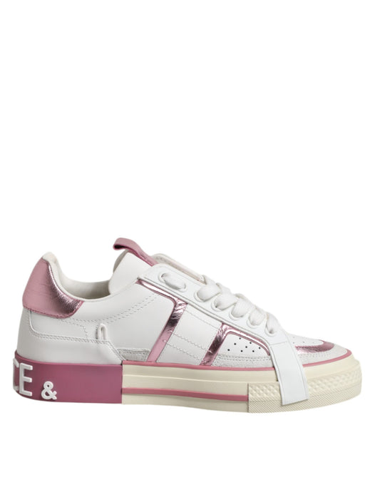 Dolce & Gabbana Weiß Rosa Leder Low Top Turnschuhe Schuhe