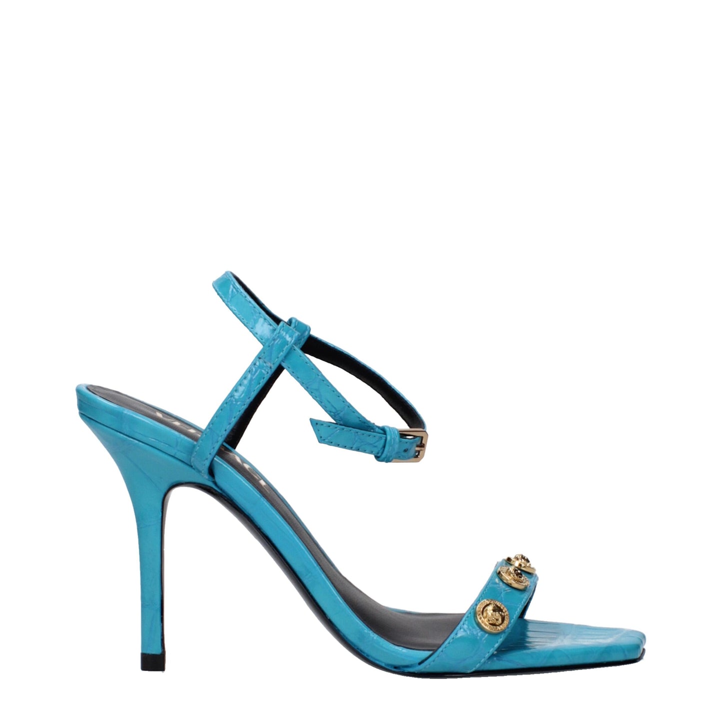 Versace Blaue Leder Stiletto Heels Sandalen