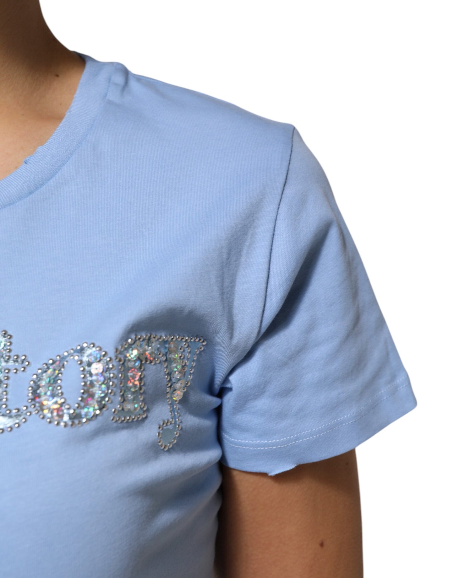 PINKO Blaues Love Story Pailletten verziertes Kurzarm-T-Shirt