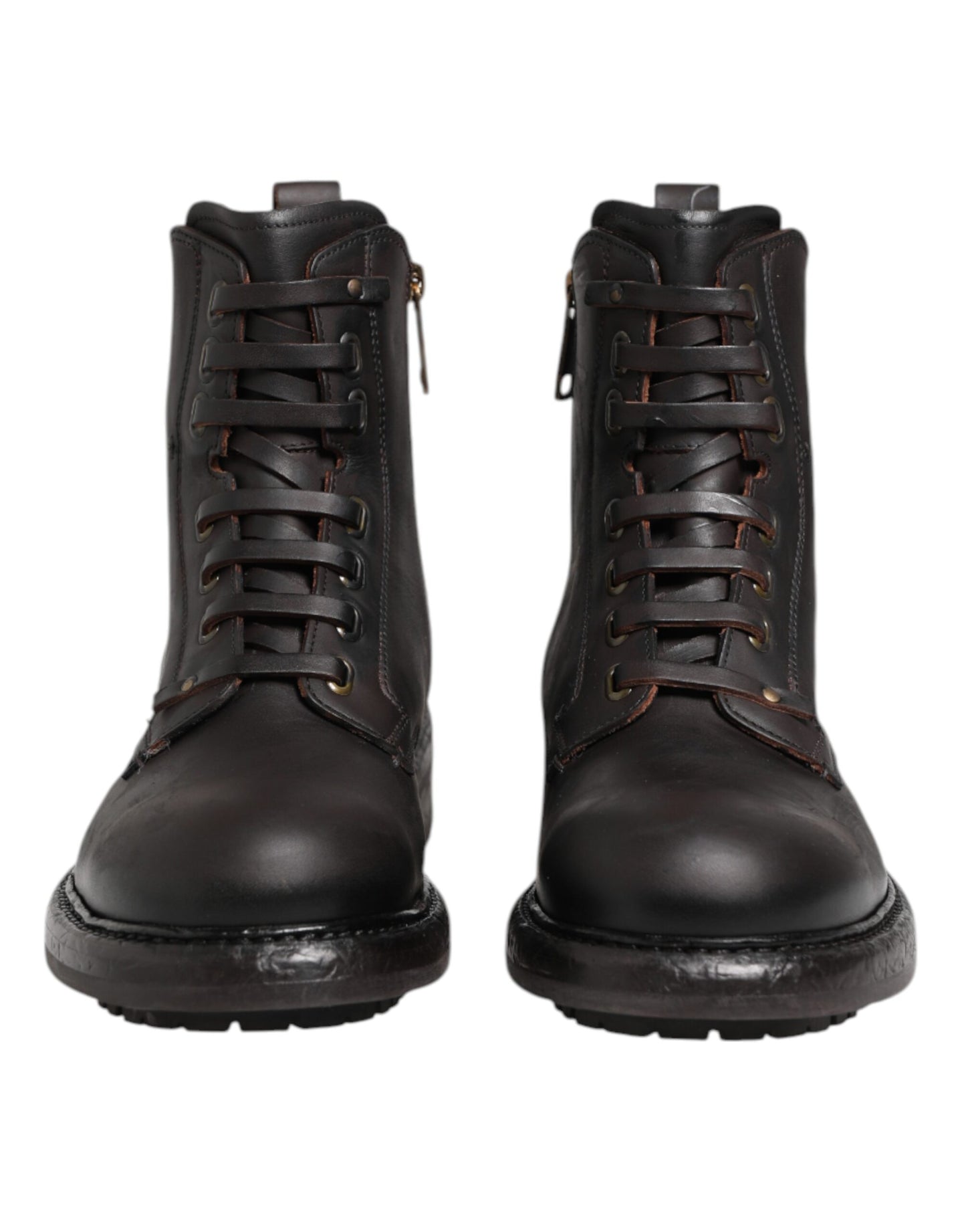 Dolce & Gabbana Dunkelbraune Leder-Schnürstiefel mit mittlerer Wade