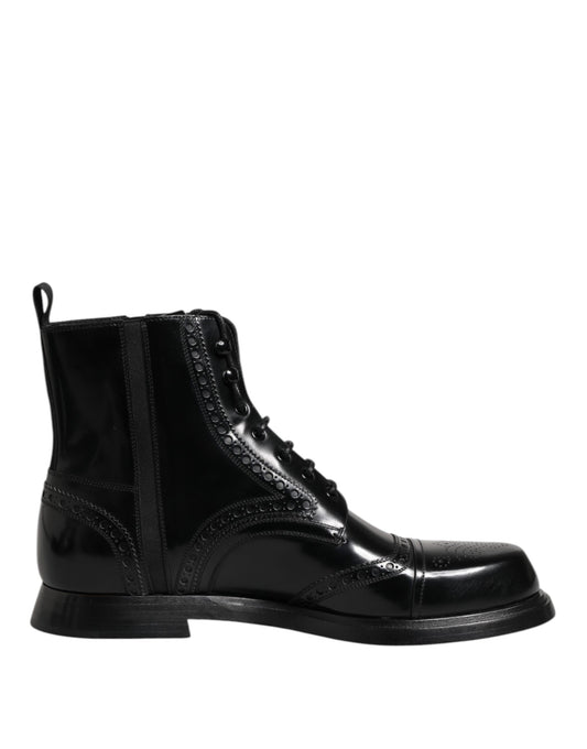 Dolce & Gabbana Schwarze Leder Schnürstiefel mit mittlerer Wade