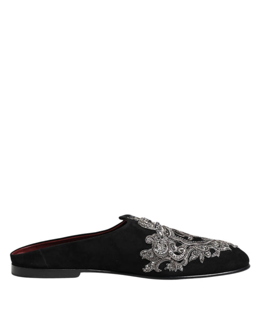 Dolce & Gabbana Schwarzer Samt Slides DG Crown Slipper Schuhe