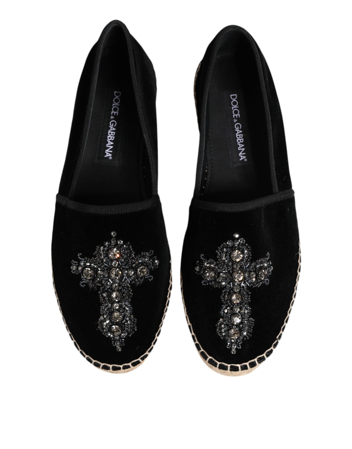 Dolce & Gabbana Schwarzes Kreuz Kristall Slip On Espadrille Schuhe