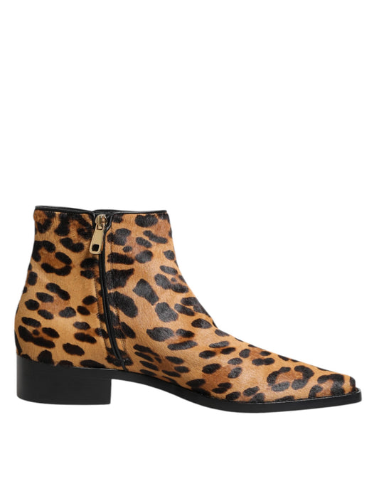 Dolce & Gabbana Braun Leopard Kalb Pelz Ankle Stiefel Schuhe