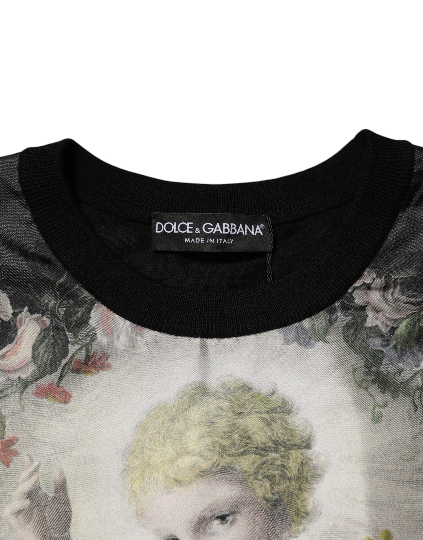 Dolce & Gabbana Schwarzer Kaschmir-Pullover mit Cherub-Print im Barockstil