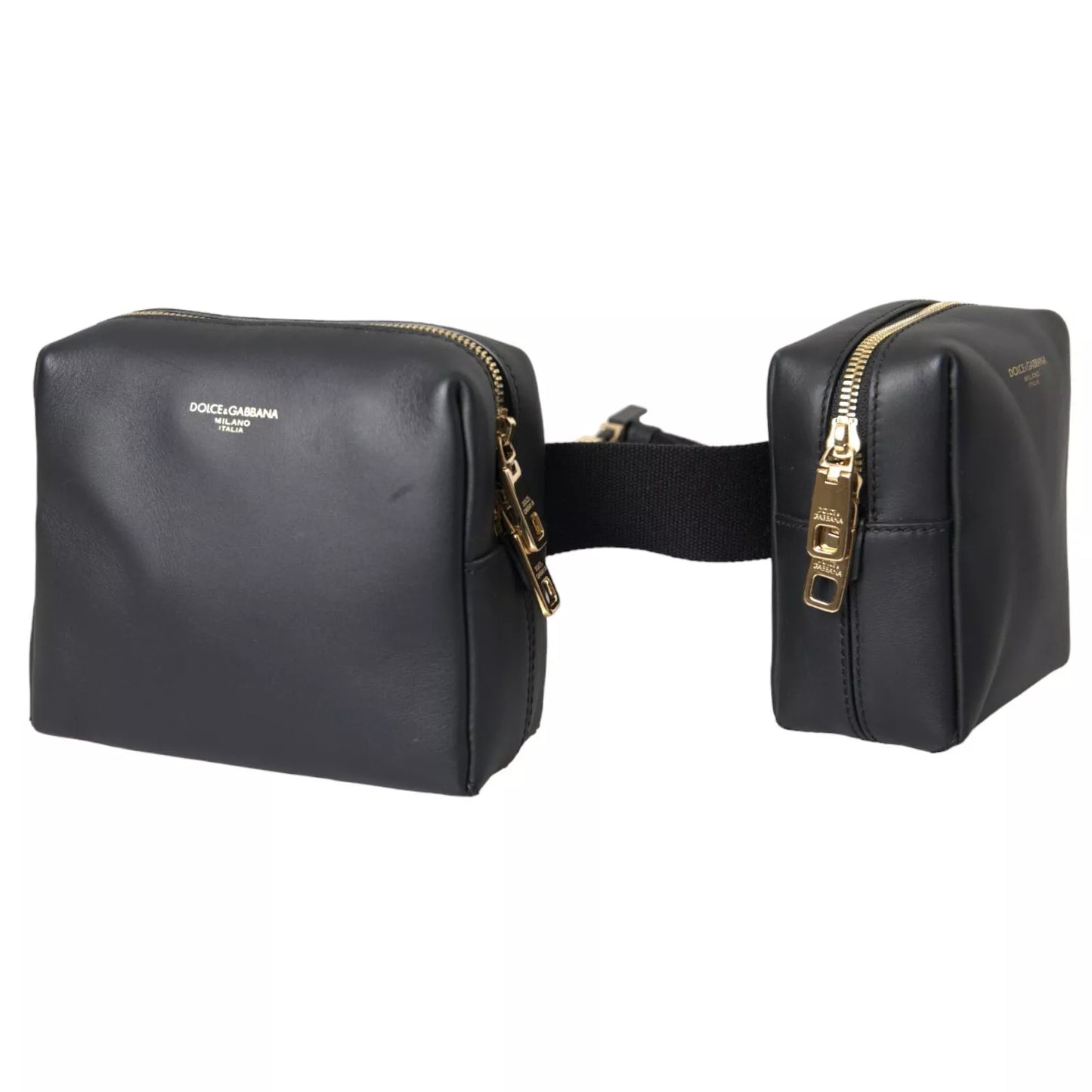 Dolce & Gabbana Schwarze Gürteltasche aus Kalbsleder mit doppeltem Gürtel und Bauchtasche