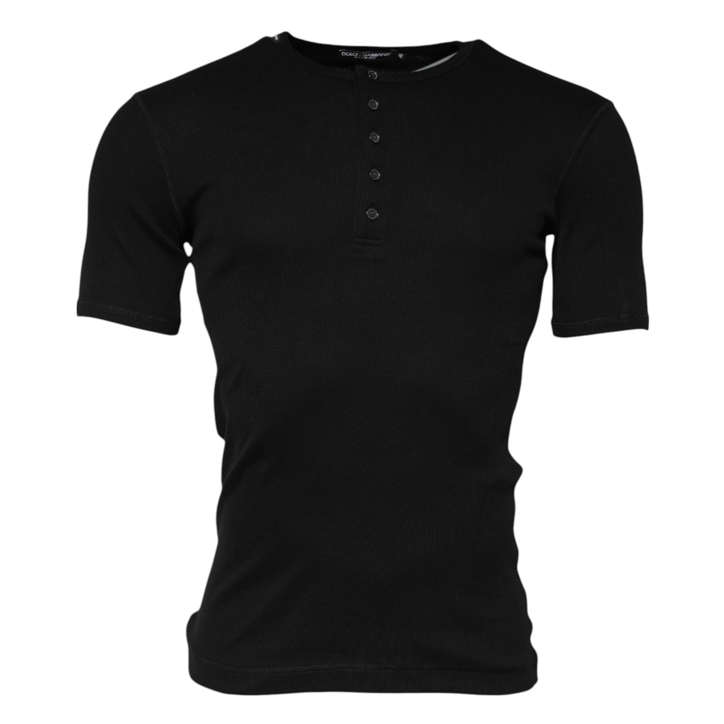 Dolce & Gabbana Schwarzes Baumwollstrick-T-Shirt mit Rundhalsausschnitt Henley