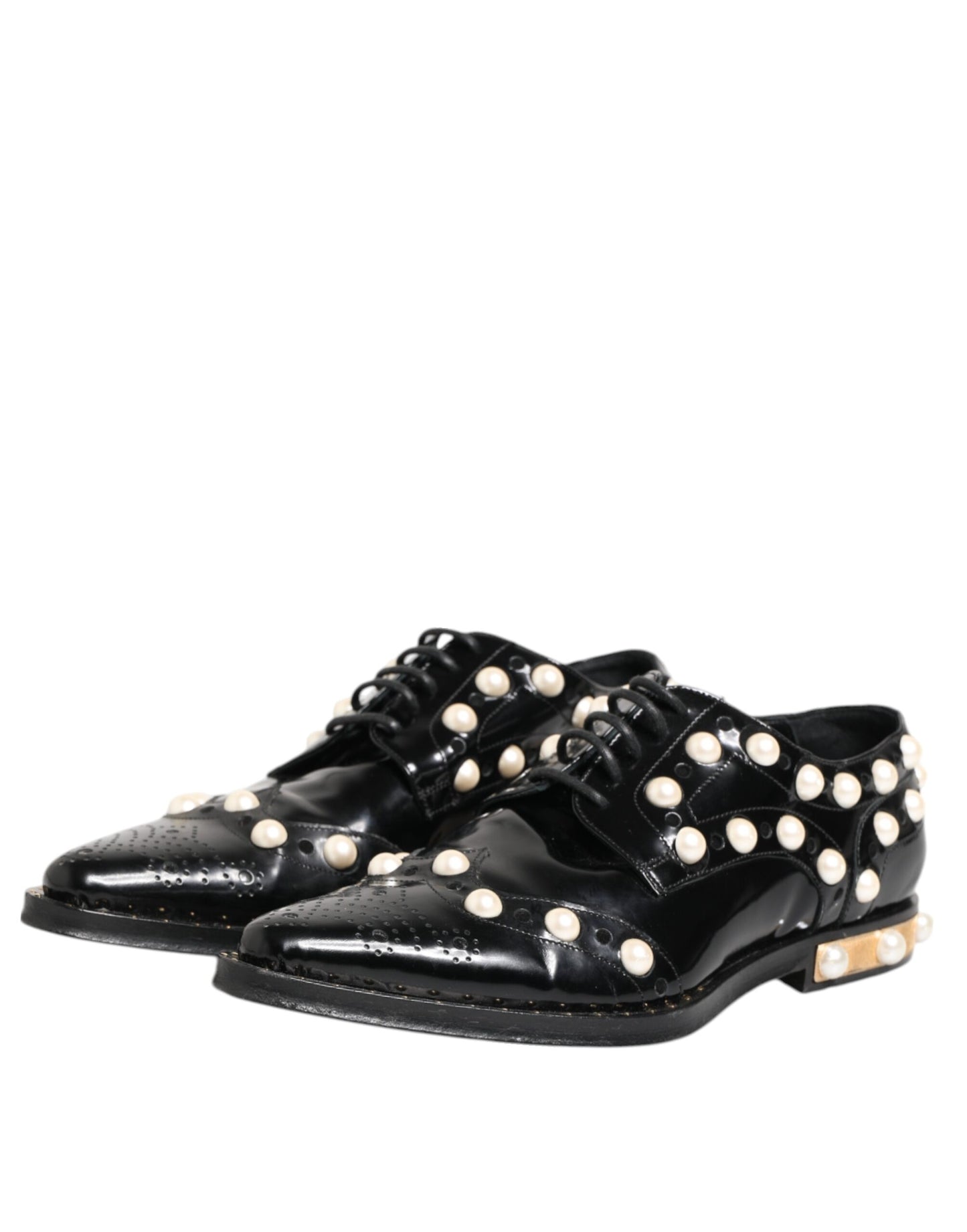 Dolce & Gabbana Schwarzes Leder Faux Pearl Kleid Broque Schuhe