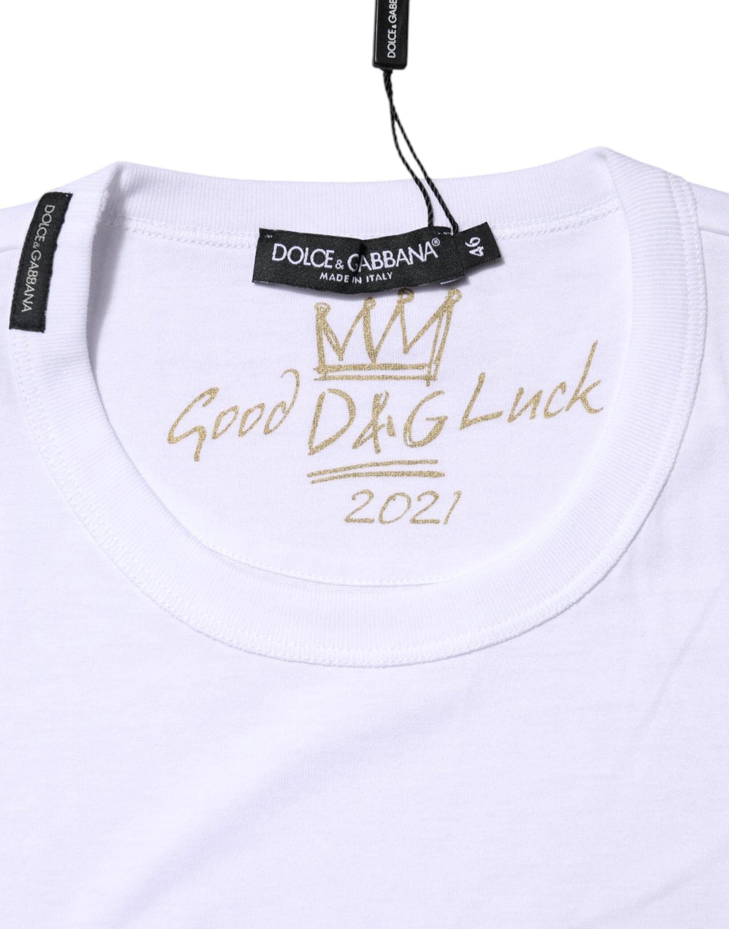 Dolce & Gabbana Weißes T-Shirt mit Rundhalsausschnitt aus Baumwolle Goodluck 2022