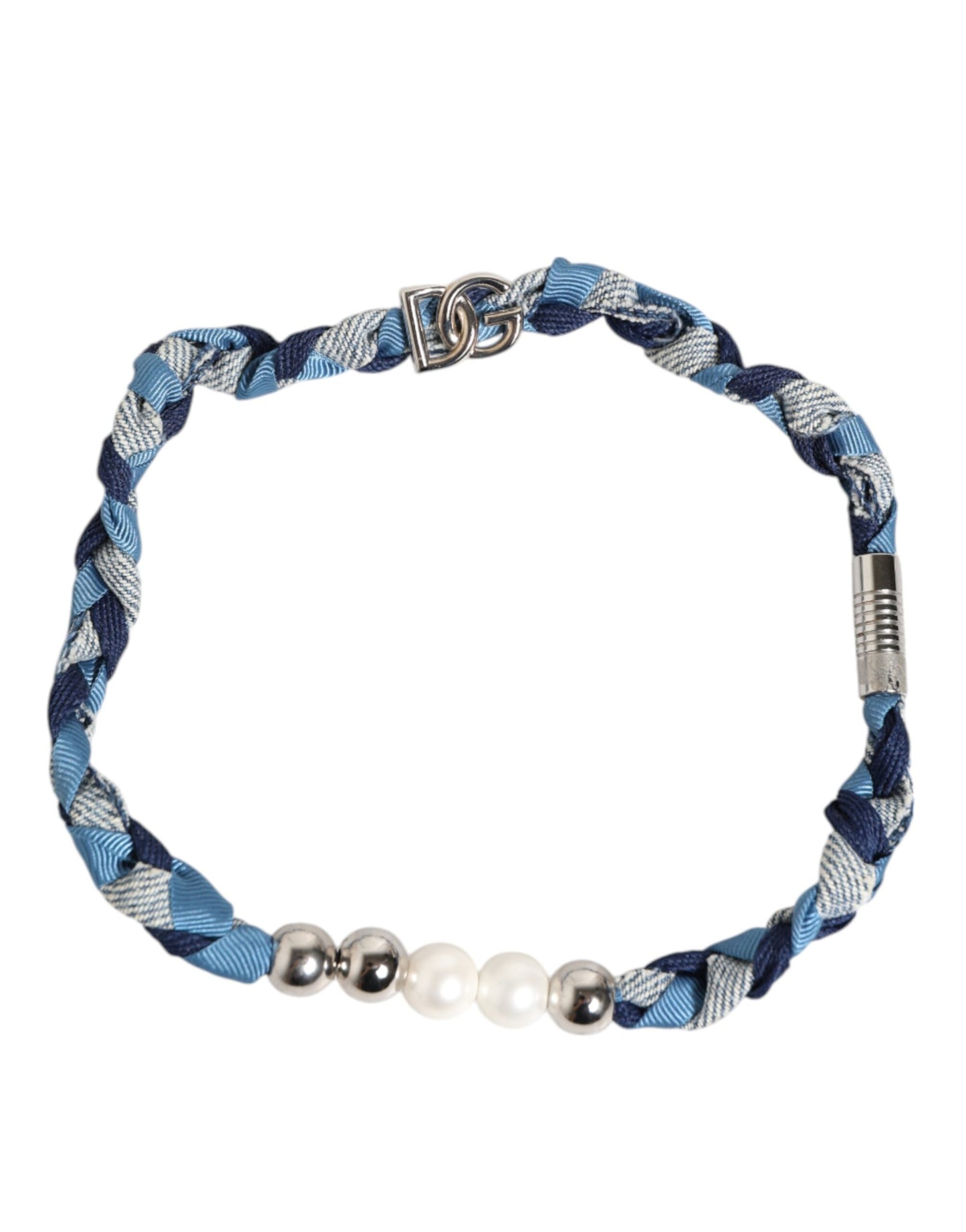 Dolce & Gabbana Blau Weiß Geflochtenes Silber Metall Logo Perlen Armband für Männer