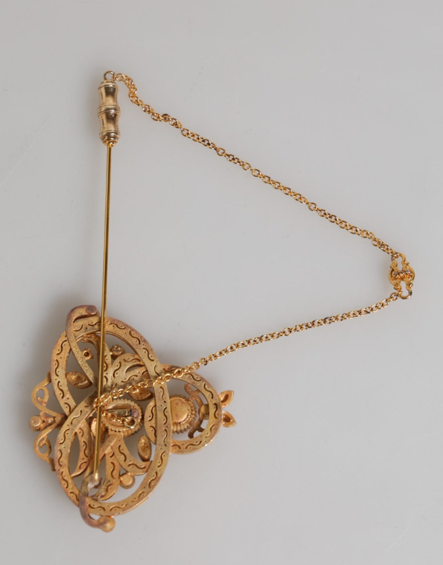 Dolce & Gabbana Goldfarbene 925 Sterling Silber Kristallkette Brosche Pin