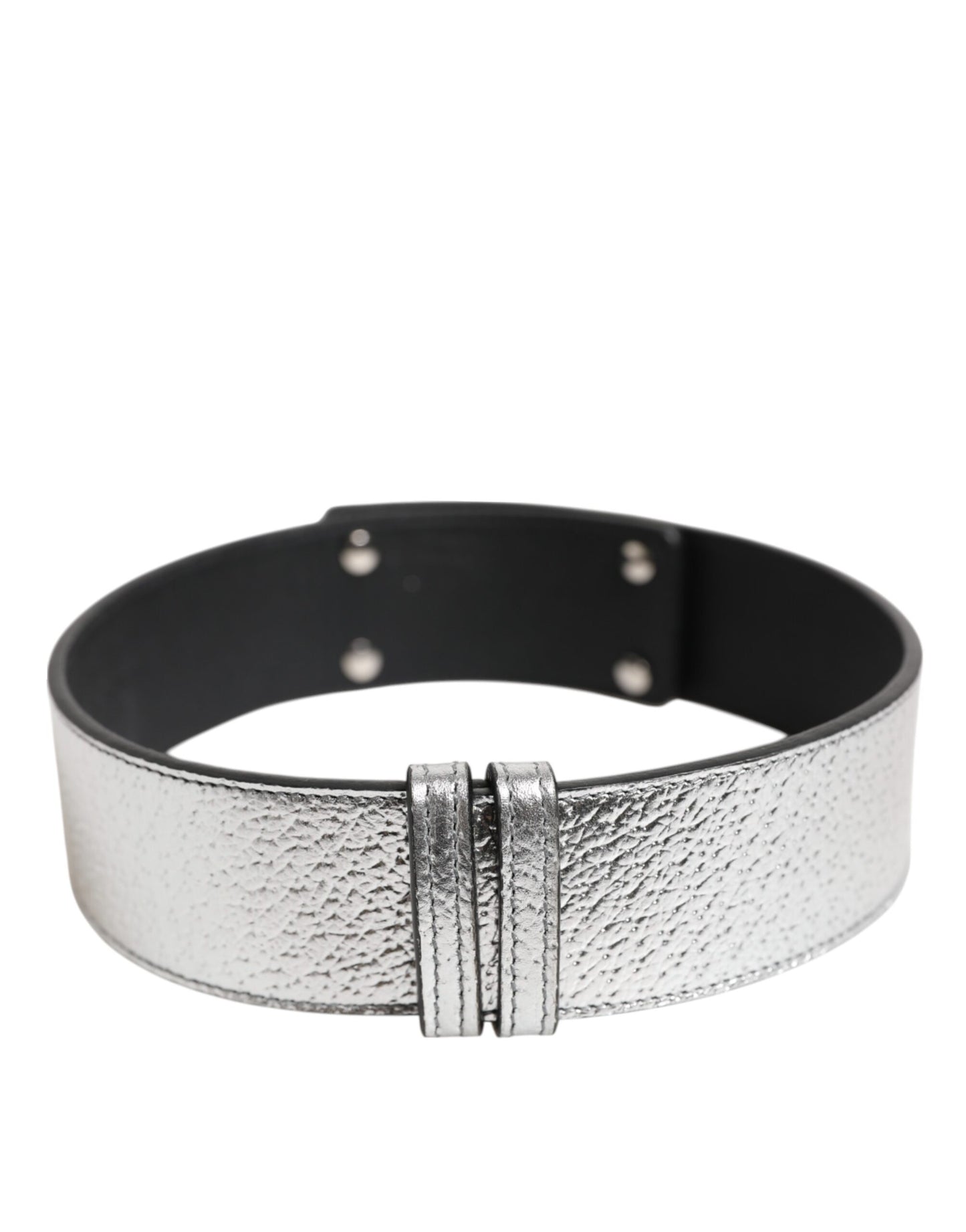 Dolce & Gabbana Silbernes strukturiertes Leder, goldfarbenes Metallhalsband
