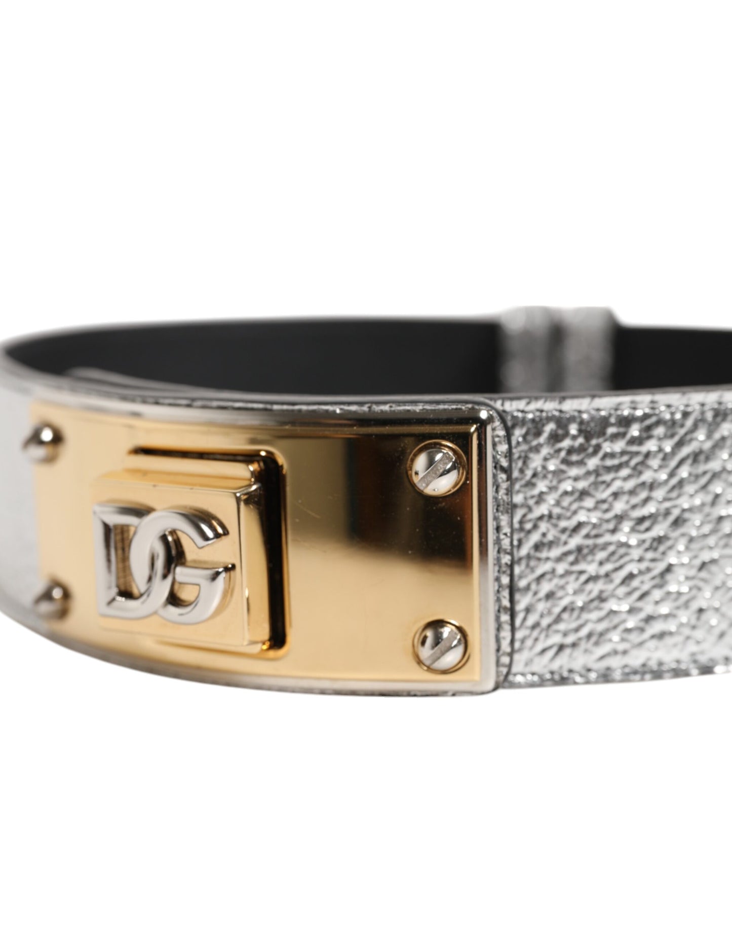 Dolce & Gabbana Silbernes strukturiertes Leder, goldfarbenes Metallhalsband