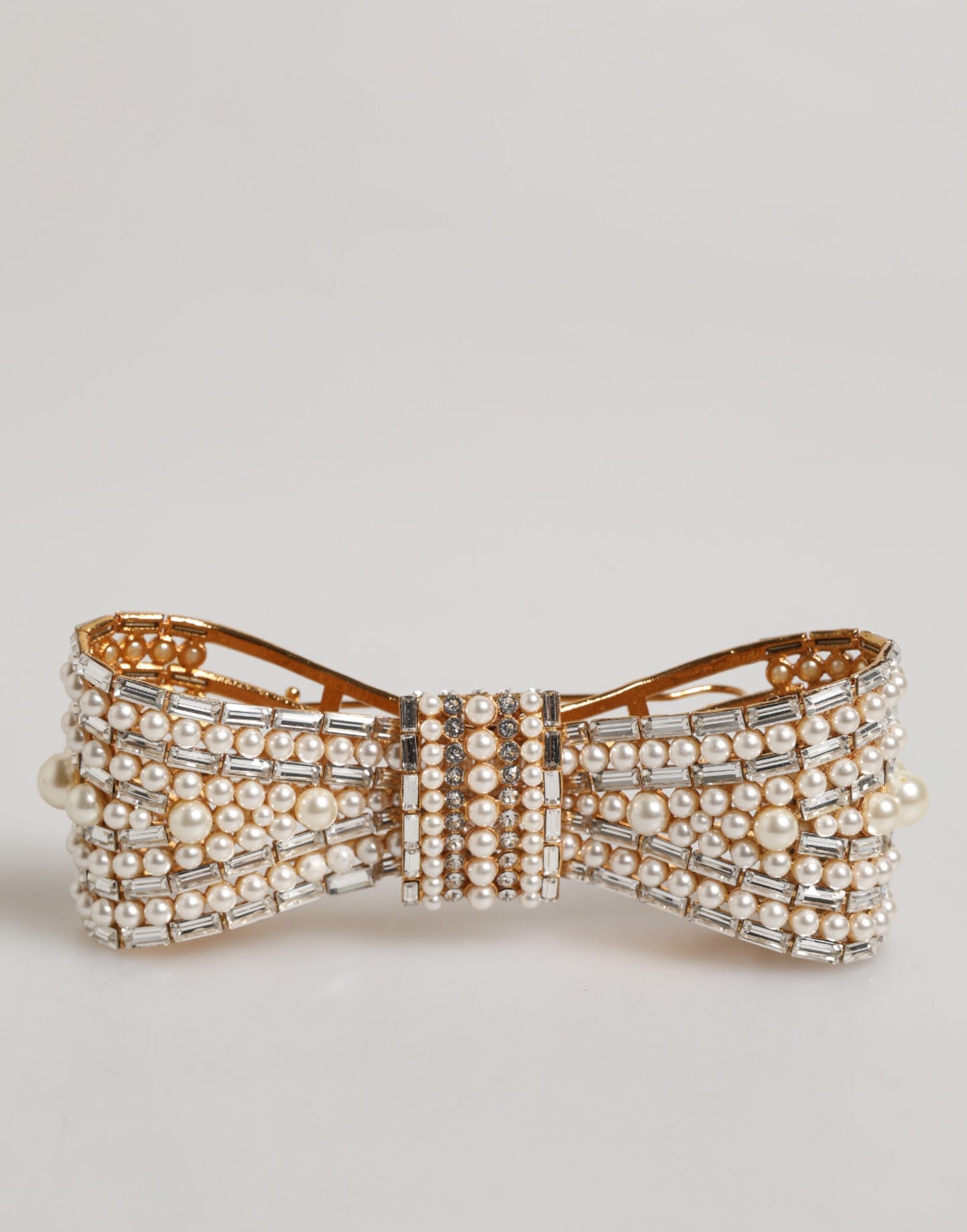 Dolce & Gabbana Gold-Ton Messing Bogen Kristall FauxPearl verschönert Brosche